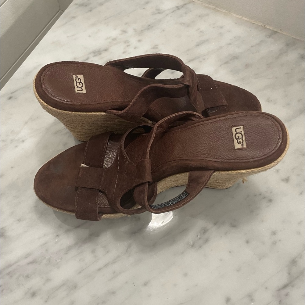 UGG Brown Suede Platform Wedge Sandals Size 8
